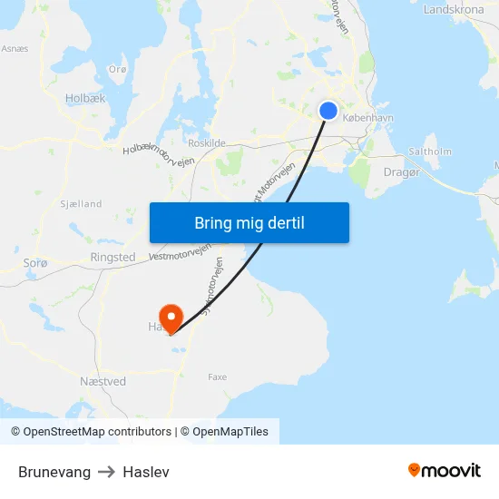Brunevang to Haslev map