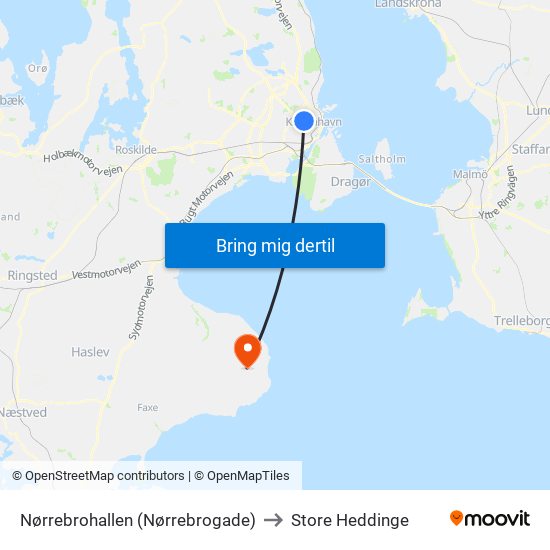 Nørrebrohallen (Nørrebrogade) to Store Heddinge map