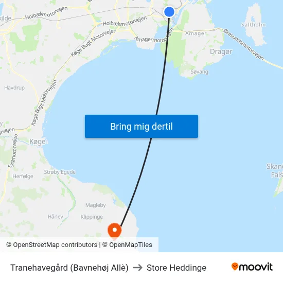 Tranehavegård (Bavnehøj Allè) to Store Heddinge map