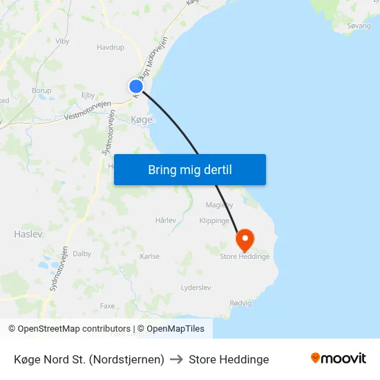 Køge Nord St. (Nordstjernen) to Store Heddinge map