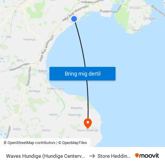 Waves Hundige (Hundige Centervej) to Store Heddinge map