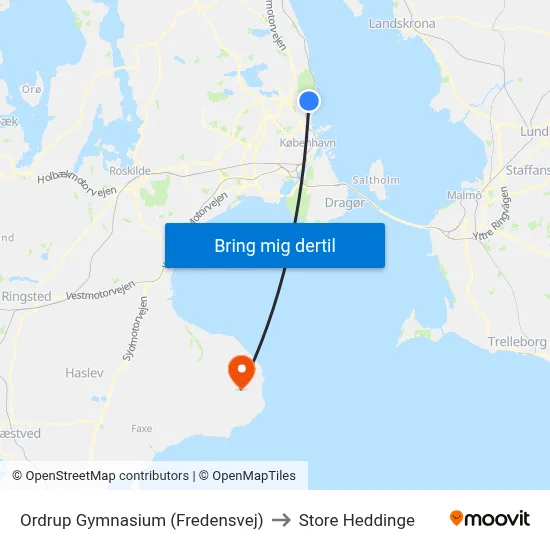 Ordrup Gymnasium (Fredensvej) to Store Heddinge map