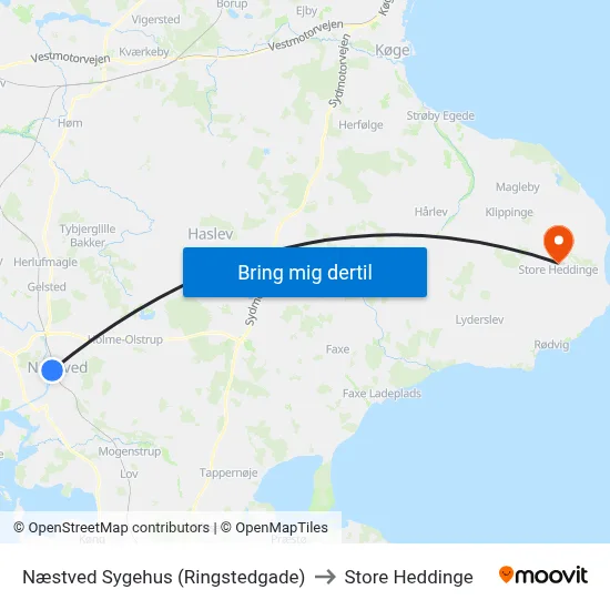 Næstved Sygehus (Ringstedgade) to Store Heddinge map