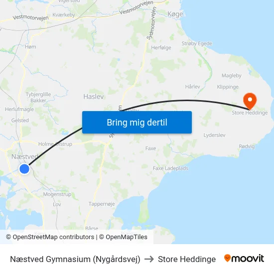 Næstved Gymnasium (Nygårdsvej) to Store Heddinge map