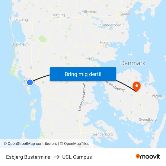 Esbjerg Busterminal to UCL Campus map