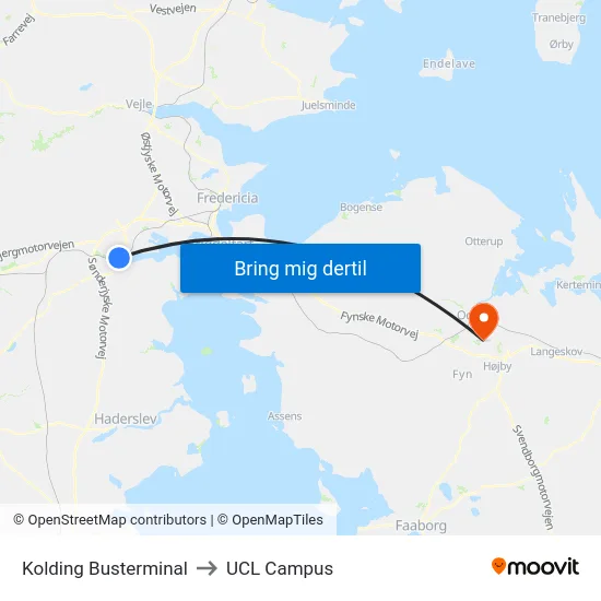 Kolding Busterminal to UCL Campus map
