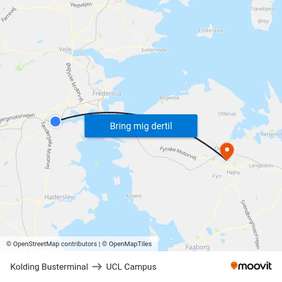 Kolding Busterminal to UCL Campus map