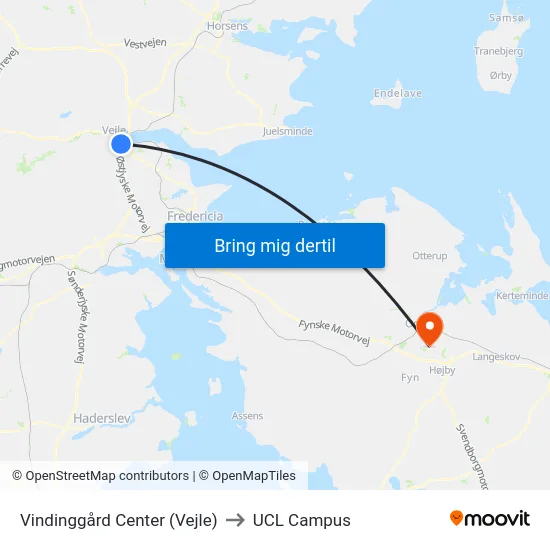 Vindinggård Center (Vejle) to UCL Campus map