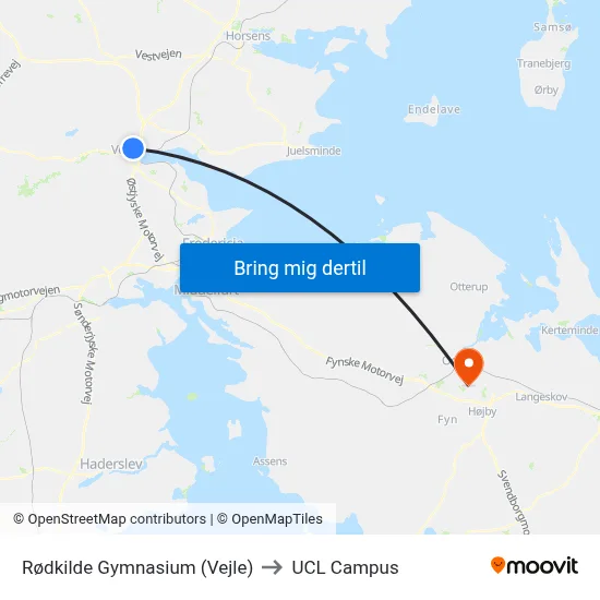 Rødkilde Gymnasium (Vejle) to UCL Campus map