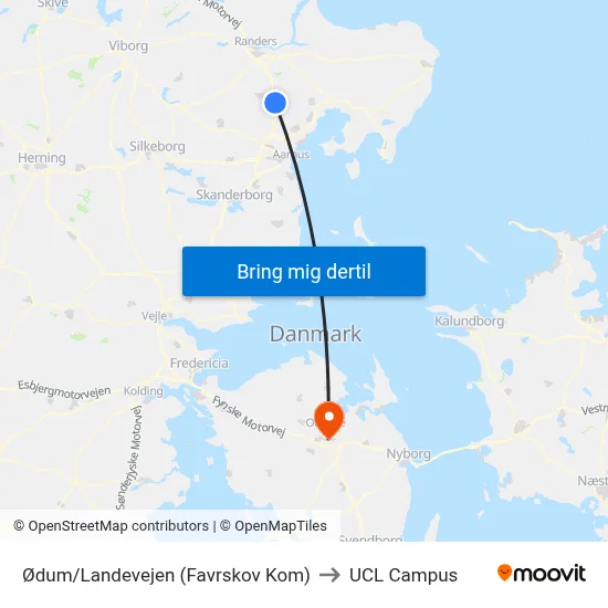 Ødum/Landevejen (Favrskov Kom) to UCL Campus map