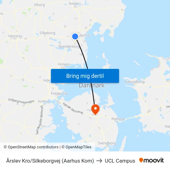 Årslev Kro/Silkeborgvej (Aarhus Kom) to UCL Campus map
