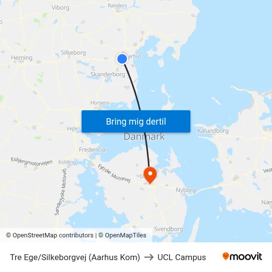 Tre Ege/Silkeborgvej (Aarhus Kom) to UCL Campus map