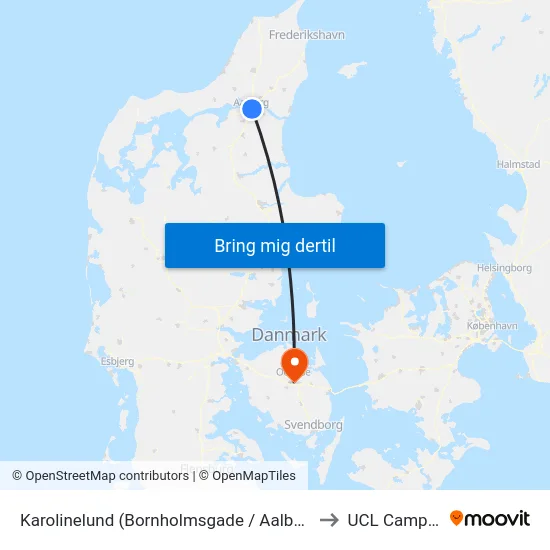 Karolinelund (Bornholmsgade / Aalborg) to UCL Campus map