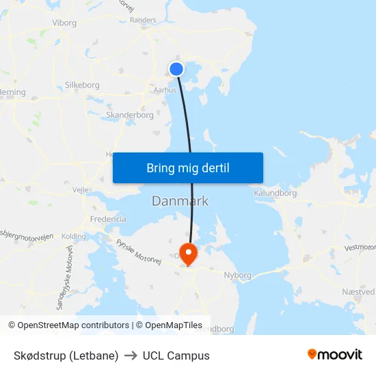 Skødstrup (Letbane) to UCL Campus map