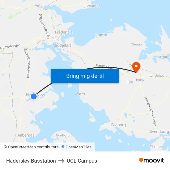 Haderslev Busstation to UCL Campus map