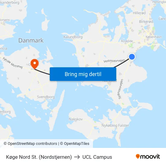 Køge Nord St. (Nordstjernen) to UCL Campus map