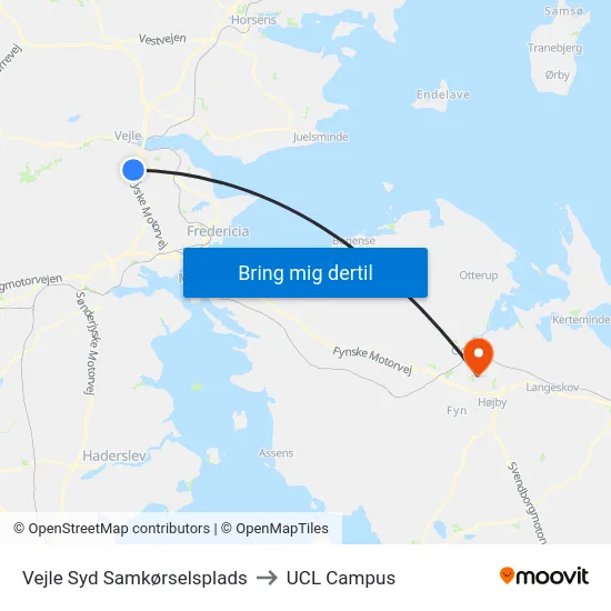 Vejle Syd Samkørselsplads to UCL Campus map