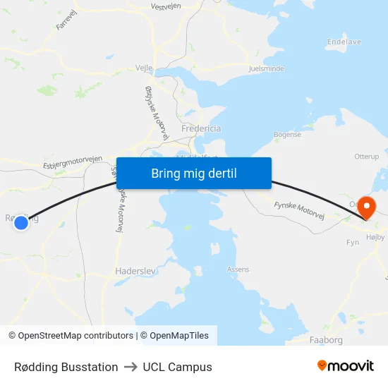 Rødding Busstation to UCL Campus map