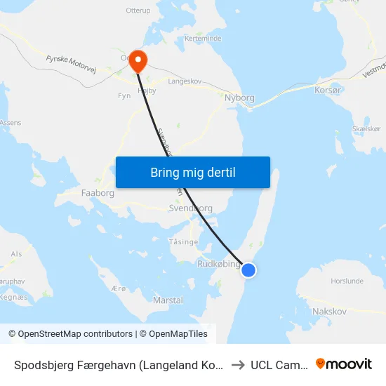Spodsbjerg Færgehavn (Langeland Kommune) to UCL Campus map