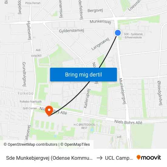 Sde Munkebjergvej (Odense Kommune) to UCL Campus map