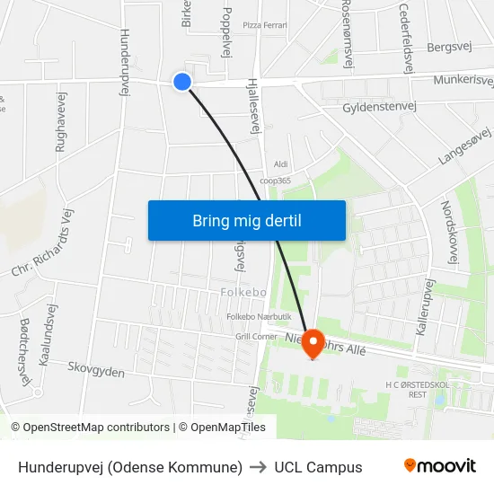 Hunderupvej (Odense Kommune) to UCL Campus map