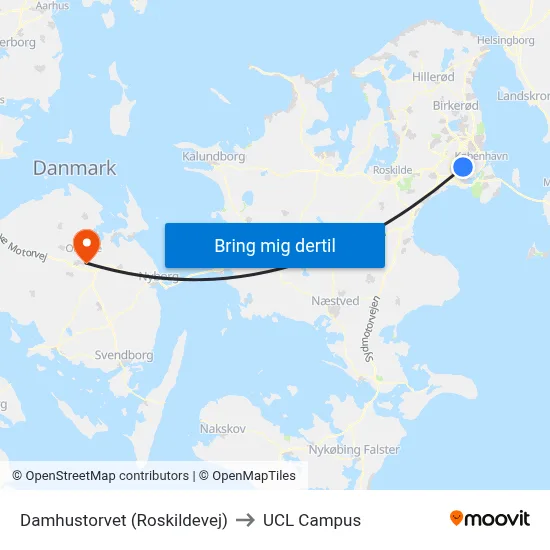 Damhustorvet (Roskildevej) to UCL Campus map