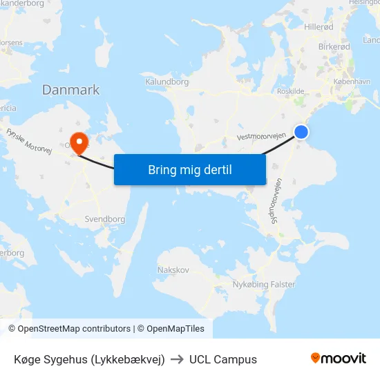 Køge Sygehus (Lykkebækvej) to UCL Campus map