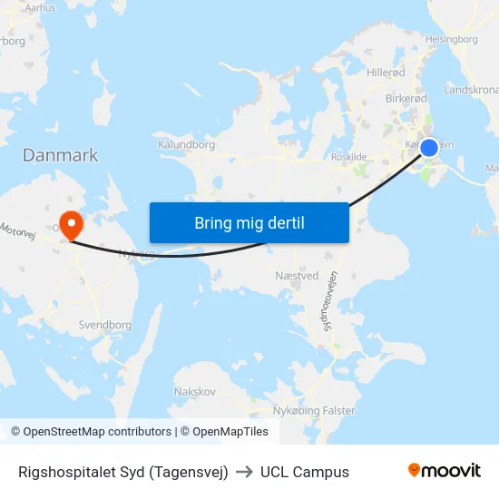 Rigshospitalet Syd (Tagensvej) to UCL Campus map