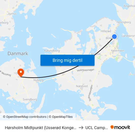 Hørsholm Midtpunkt (Usserød Kongevej) to UCL Campus map