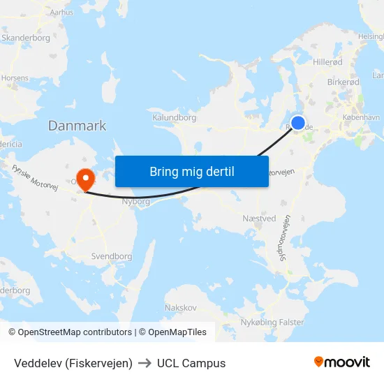 Veddelev (Fiskervejen) to UCL Campus map