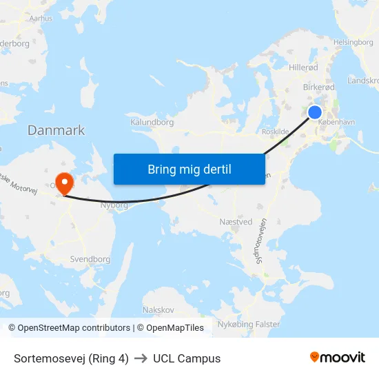 Sortemosevej (Ring 4) to UCL Campus map