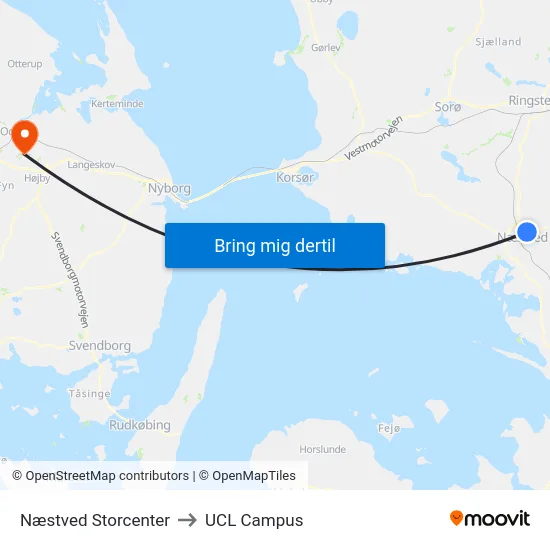 Næstved Storcenter to UCL Campus map