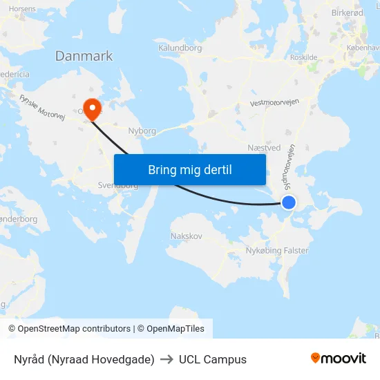 Nyråd (Nyraad Hovedgade) to UCL Campus map