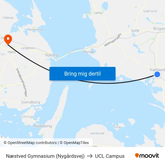 Næstved Gymnasium (Nygårdsvej) to UCL Campus map