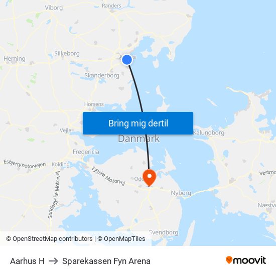 Aarhus H to Sparekassen Fyn Arena map