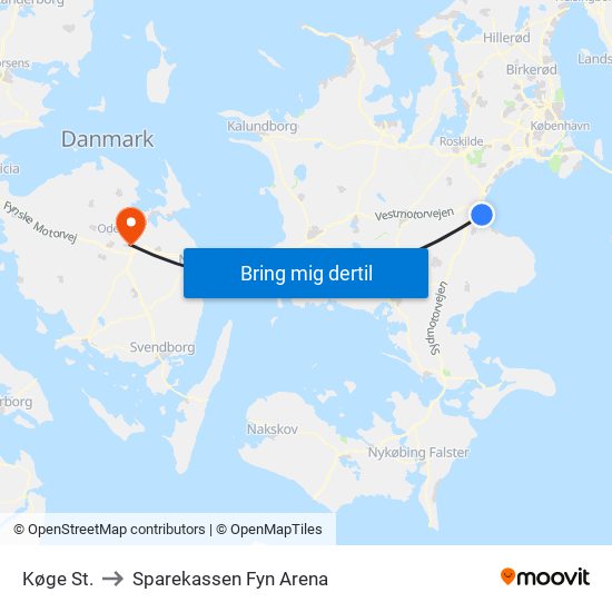 Køge St. to Sparekassen Fyn Arena map