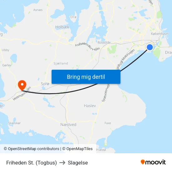 Friheden St. (Togbus) to Slagelse map