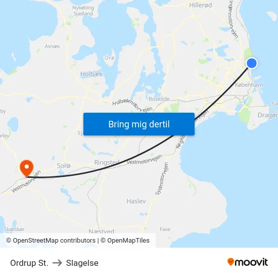 Ordrup St. to Slagelse map