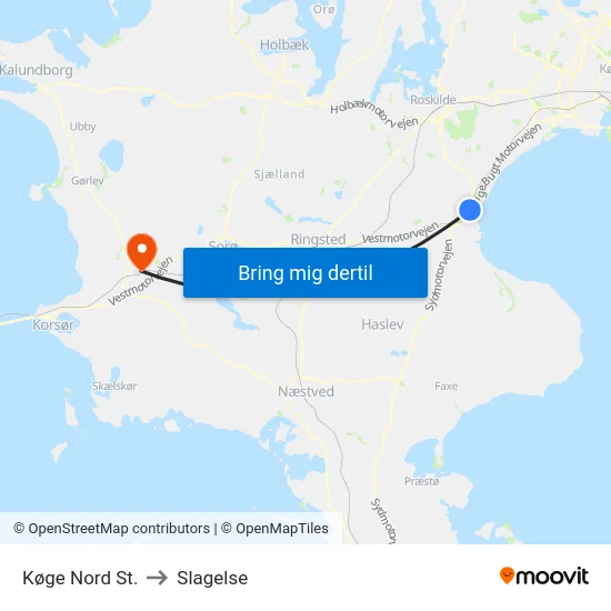 Køge Nord St. to Slagelse map