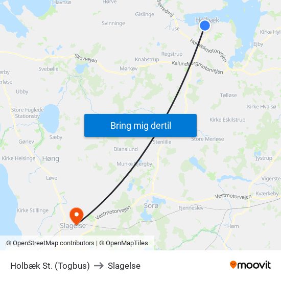 Holbæk St. (Togbus) to Slagelse map