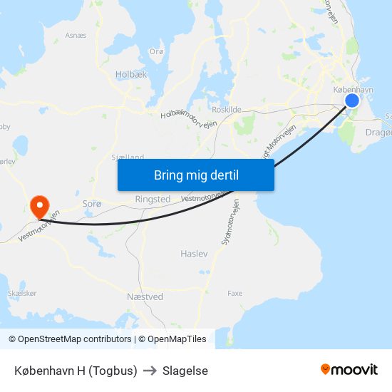 København H (Togbus) to Slagelse map