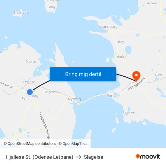 Hjallese St. (Odense Letbane) to Slagelse map