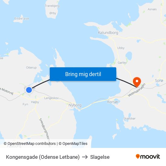 Kongensgade (Odense Letbane) to Slagelse map