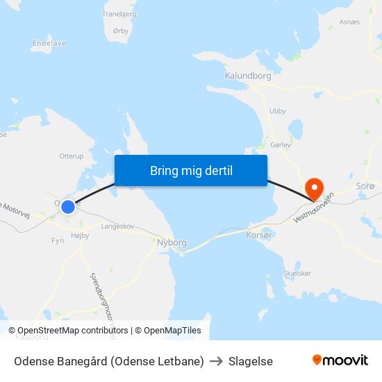 Odense Banegård (Odense Letbane) to Slagelse map