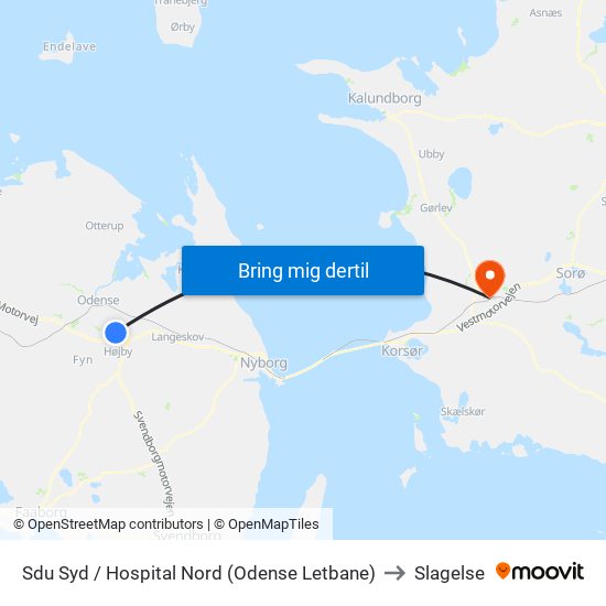 Sdu Syd / Hospital Nord (Odense Letbane) to Slagelse map