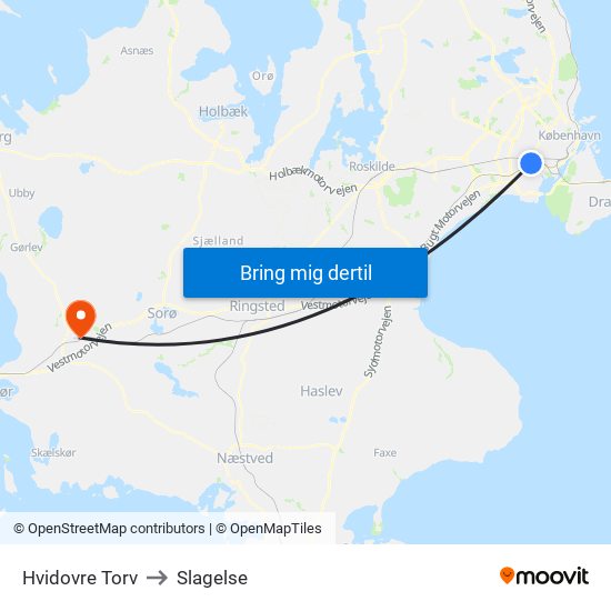 Hvidovre Torv to Slagelse map