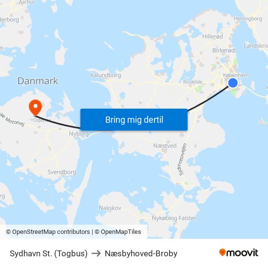 Sydhavn St. (Togbus) to Næsbyhoved-Broby map