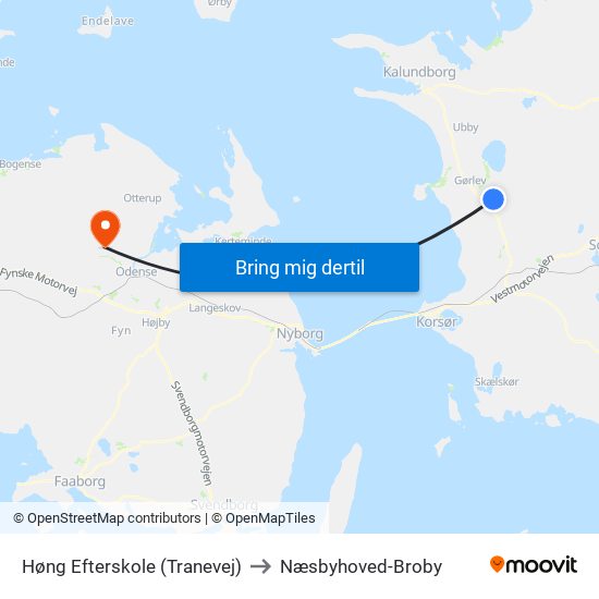 Høng Efterskole (Tranevej) to Næsbyhoved-Broby map