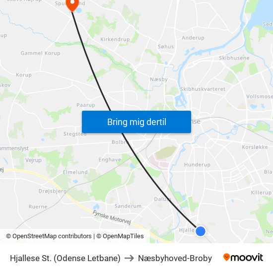 Hjallese St. (Odense Letbane) to Næsbyhoved-Broby map