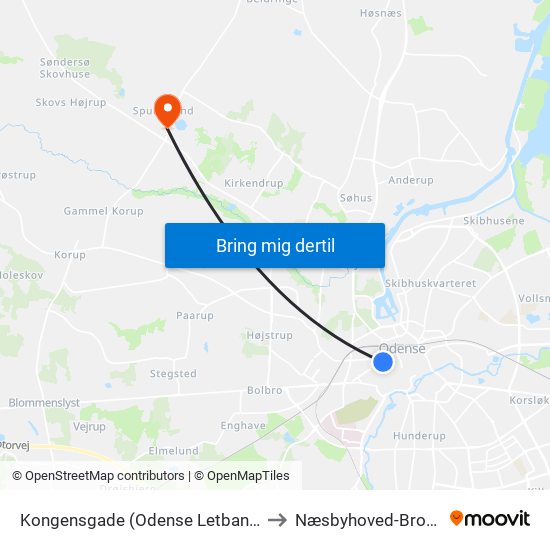 Kongensgade (Odense Letbane) to Næsbyhoved-Broby map